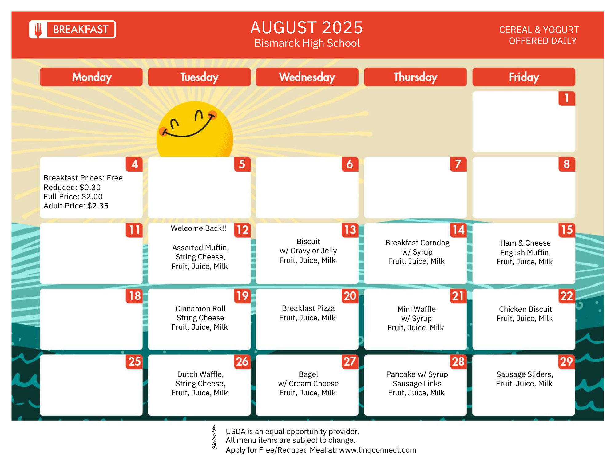 August 2025 BHS Breakfast Menu